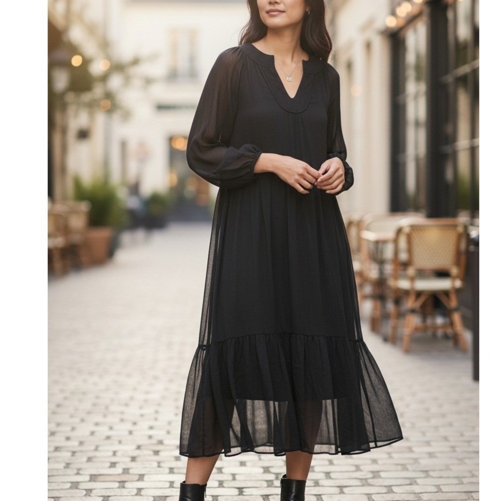 Soft Surroundings Olga Black Sheer Lined Tiered Maxi Dress PM Long Sleeve Witchy